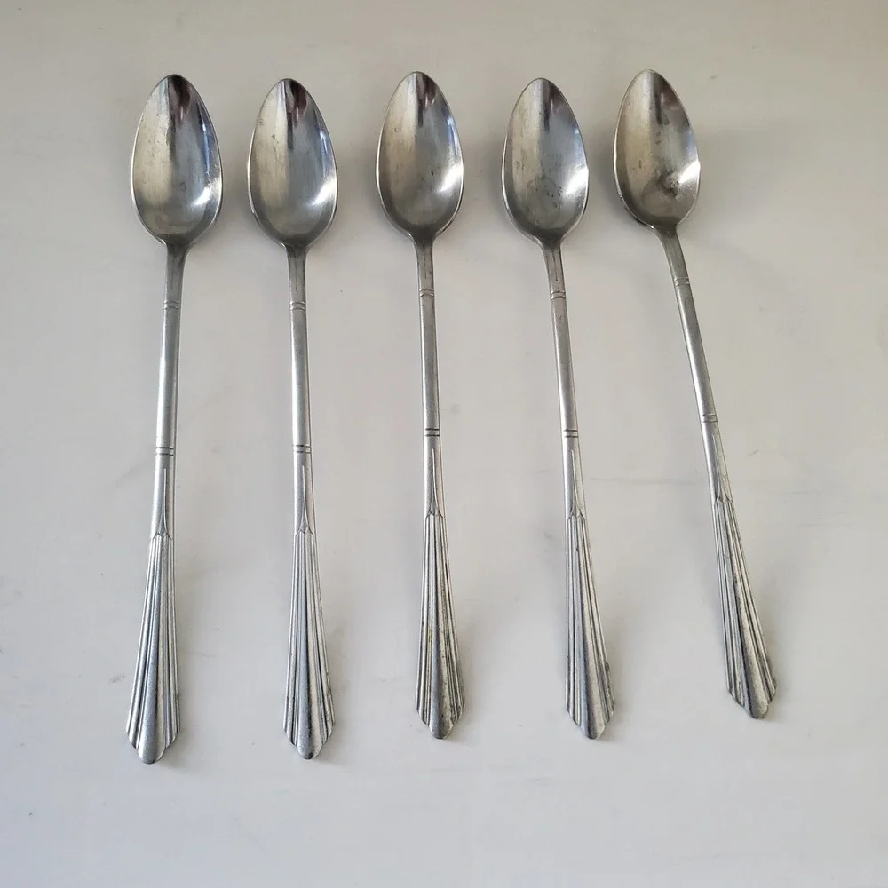 Vintage NS Co Stainless Plate Iced Tea Spoons Set of 5 Art Deco Long Handle